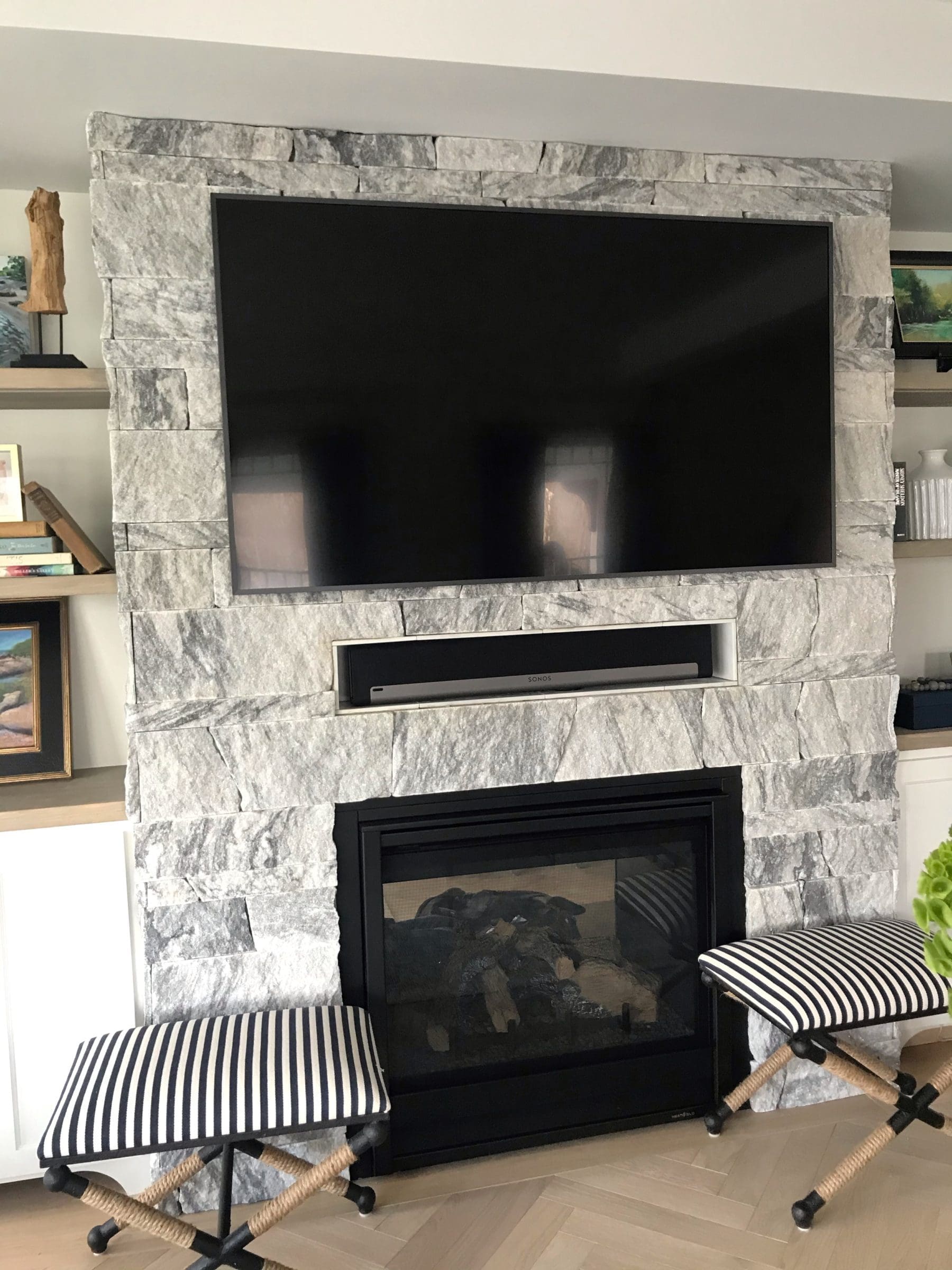 Interior gas fireplace with Lincoln natural thin stone veneer
