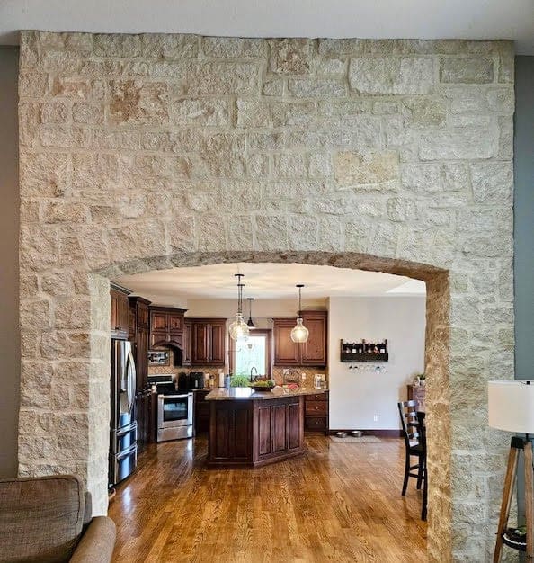 Draper Natural Thin Stone Veneer with Gold Kitchen